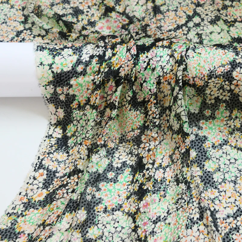 Жаккардовый черный Шелковый жоржетт этнический цветочный материал 100 см * 135 | Дом