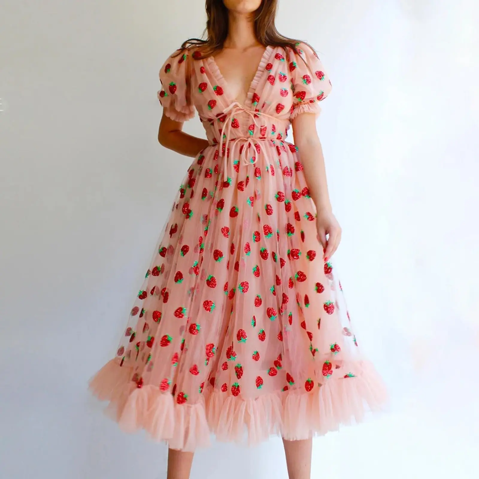 

Strawberry Dress Women Long Dress V Neck Puff Sleeve Mesh Sexy Party Dresses Vintage Floral Dress Women Robe