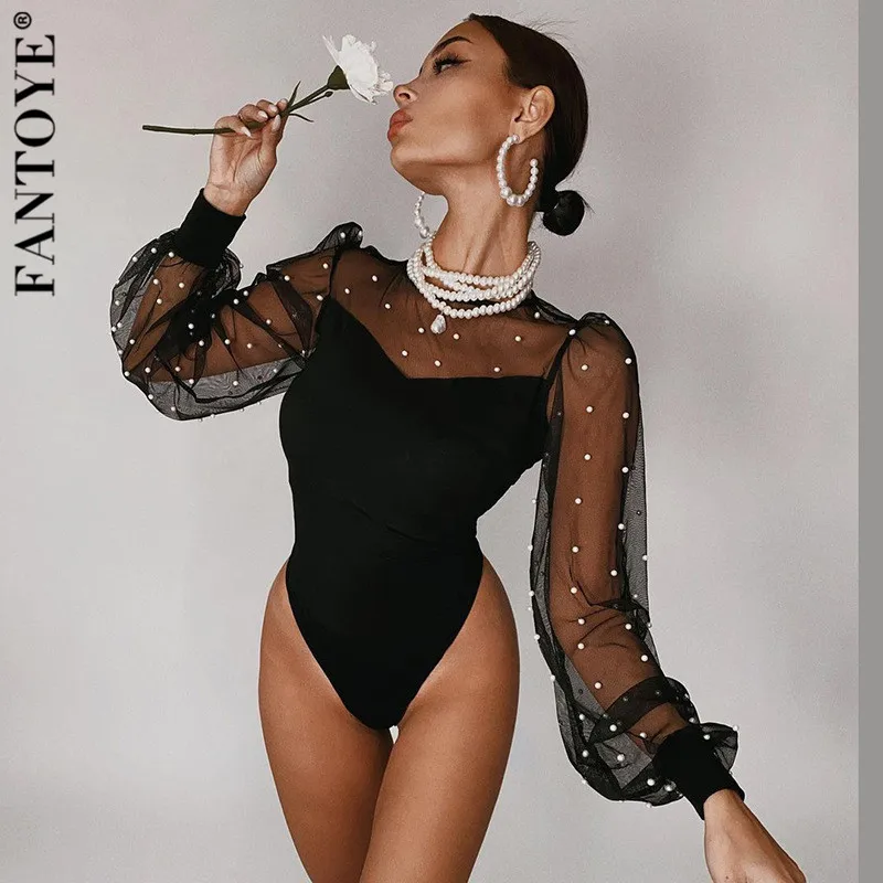 

Fantoye Sexy See Through Mesh Bodysuit Women Black Long Sleeve Slim Bodysuit Women Spring 2021 New Bodycon Party Club Overalls