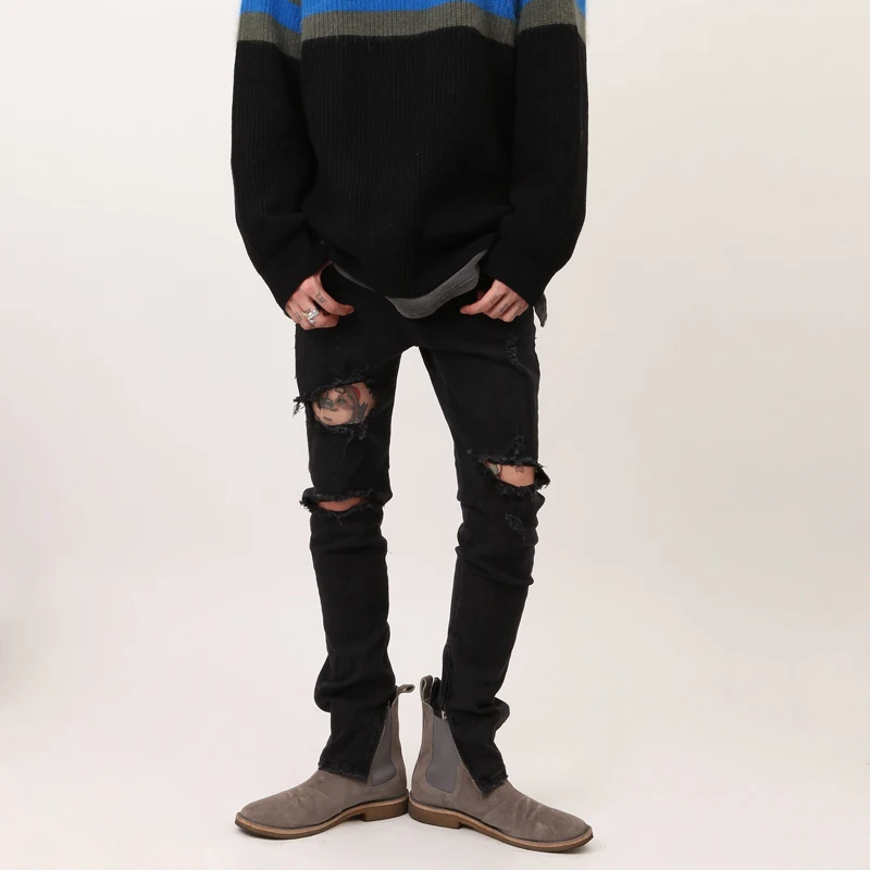 Men's jeans, European and American spring and Autumn style, with ripped knees and black slim trousers, long zipper legs for men