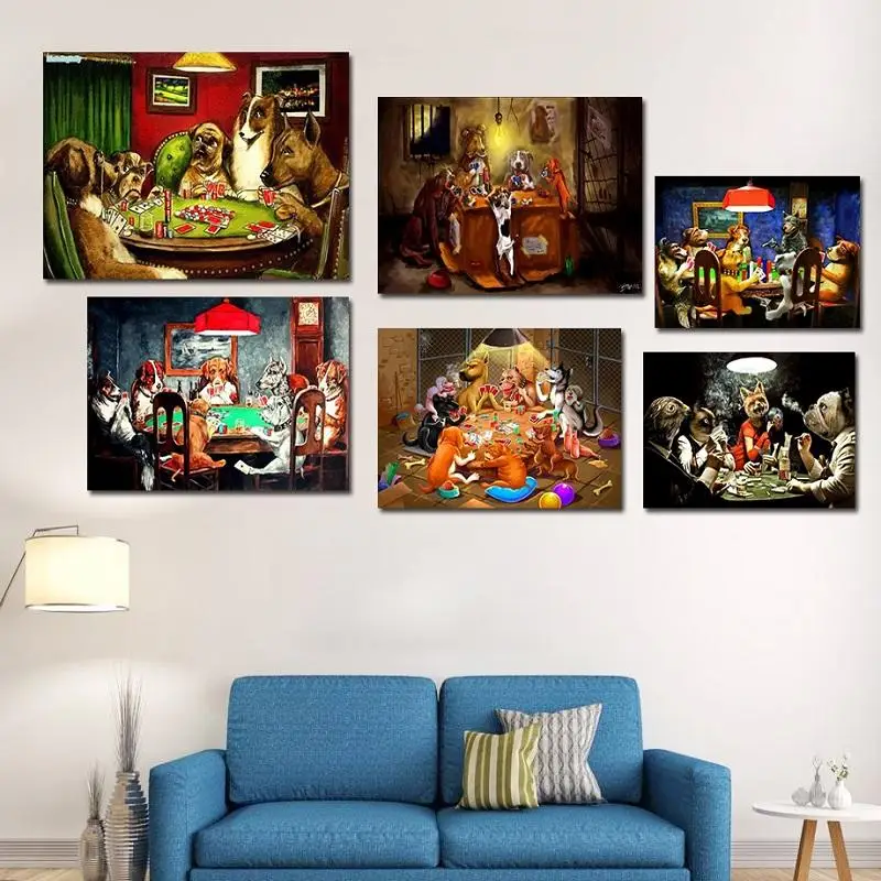 

Casino Decor Canvas Painting Dog Playing Poker Funny Style Wall Art Posters and Prints Bedroom Living Room Home Decoration Mural