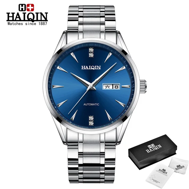silver blue HAIQIN Роскошные Брендовые мужские часы, автоматические часы с датой, мужские механические/деловые часы, мужские полностью стальные водонепроницаемые спортивные часы - Цвет: silver blue