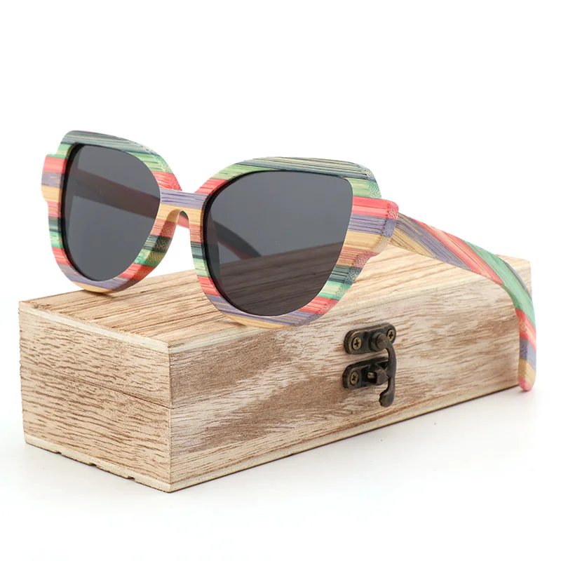 gray -wood box Высококачественные модные женские поляризованные солнцезащитные очки с кошачьими глазами для женщин цветные деревянные солнцезащитные очки ручной работы с деревянной коробкой для очков - Цвет линз: gray -wood box