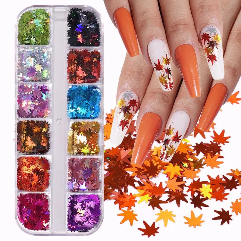 

12 Grids/Set Colorful X'mas Maple Leaves Laser Holographic Nail Glitter Sequins Acrylic Nail Art Paillette Slice Decoration DIY