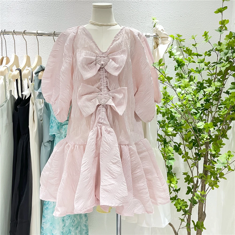 

French Style V-neck Bow Puff Sleeve Midi Dress for Women 2021 Summer Loose Slim Fit Sweet Dress Fashionable Temperament Dress