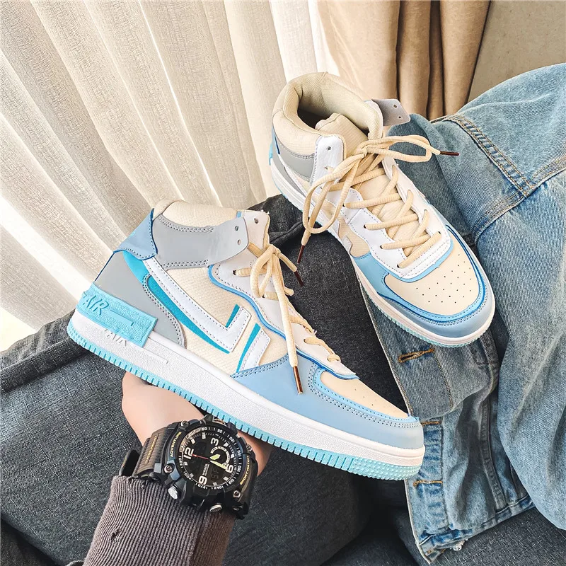 

2021 Spring New Men Sport Shoes High-top Fashion Breathable Men's Leather Casual Sneakers Leisure Board Shoes Zapatillas Hombre