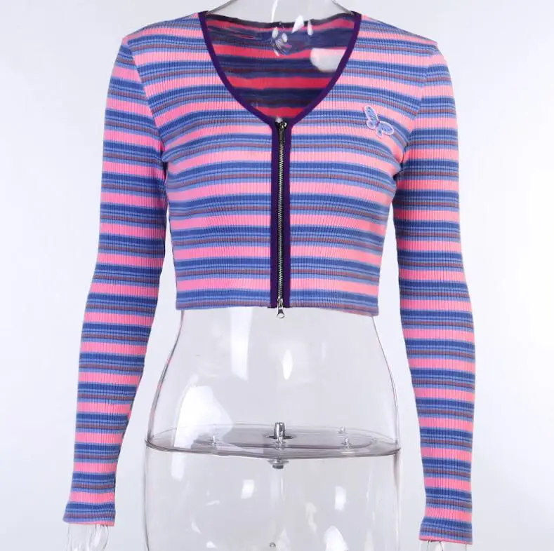 Осенняя Новая модная полосатая женская футболка с двойной молнией и вышивкой