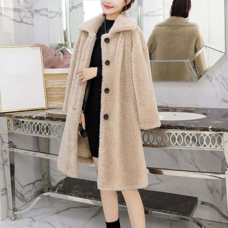 Женское пальто из овечьей шерсти средней длины зимние меховые куртки плотное