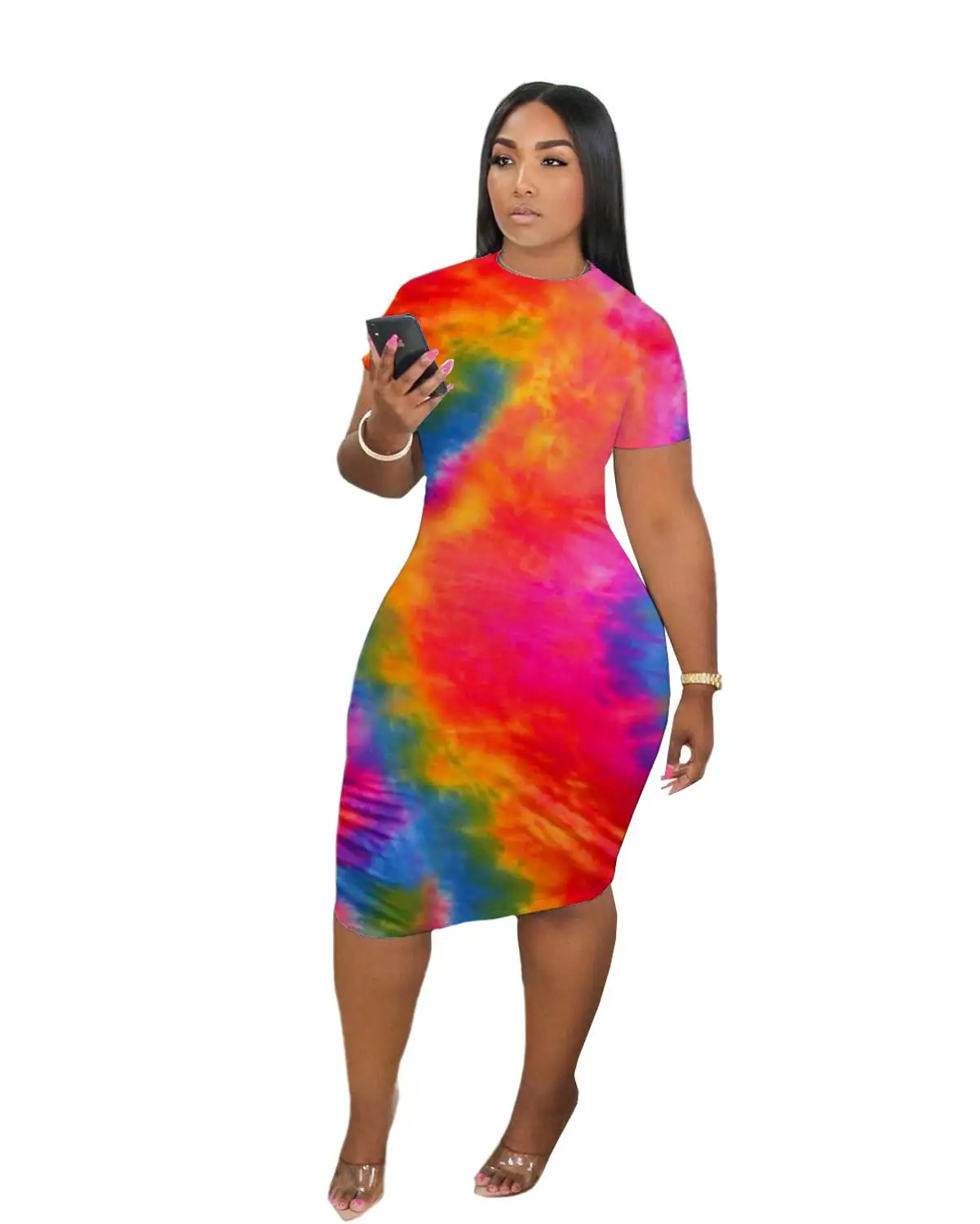 

Adogirl Women Tie Dye Print Short Sleeve O-Neck Midi Dress Casual Women Bodycon Knee Length Dress Lady Bandage Dress Vestido