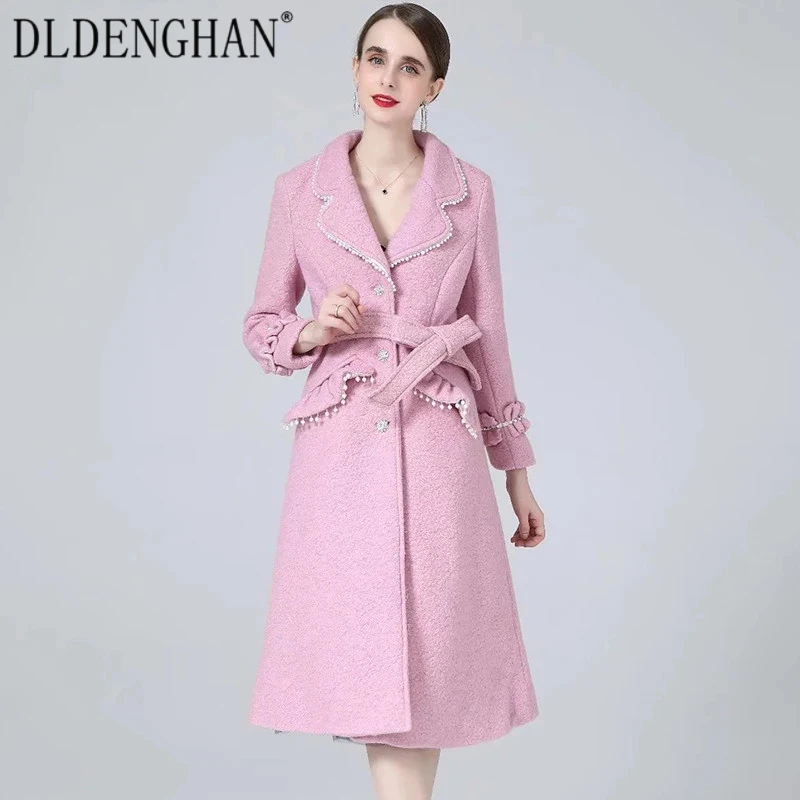 

DLDENGHAN Fashion Runway Designer Autumn Winter Pink Overcoat Woman Long Sleeve Sashes Beaded Single Breasted Outwear