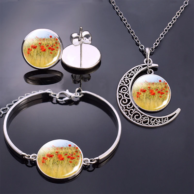 Цветочный браслет/серьги/ожерелье ювелирный набор цветы мака стеклянный кабошон