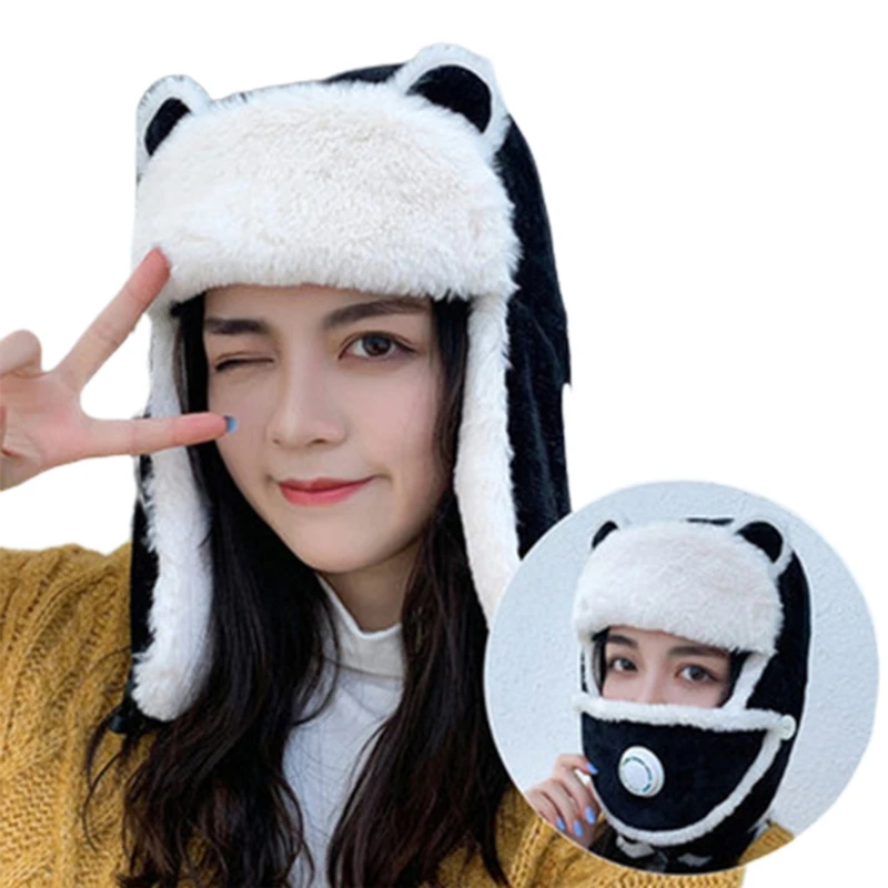 

Winter Bomber Hat w/ Foldable Ear Flap Mask Ski Hat Both for Women Men Cotton Earmuffs Thick Warm Pilots leifeng Hat