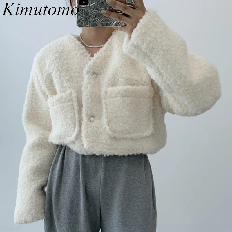 

Kimutomo, шикарное милое Женское пальто из овечьей шерсти, новинка зимы 2021, Корейская винтажная свободная короткая куртка с V-образным вырезом и ...
