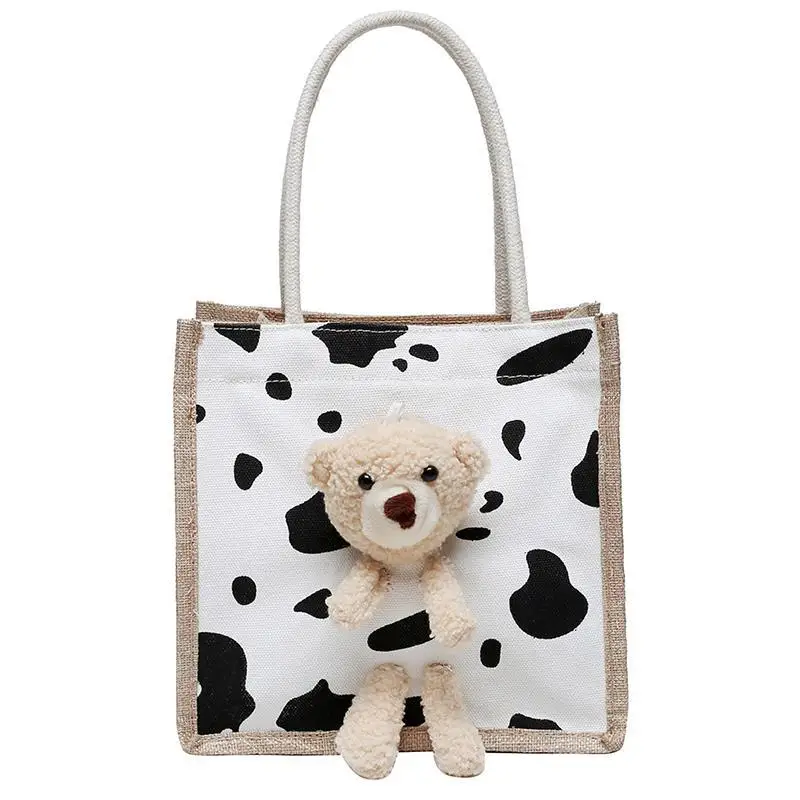 

Canvas Storage Bag Linen Three-Dimensional Zipper Handbag Shoulder Bag With Cute Bear For Girls Shopping Travel Makeup Organzier