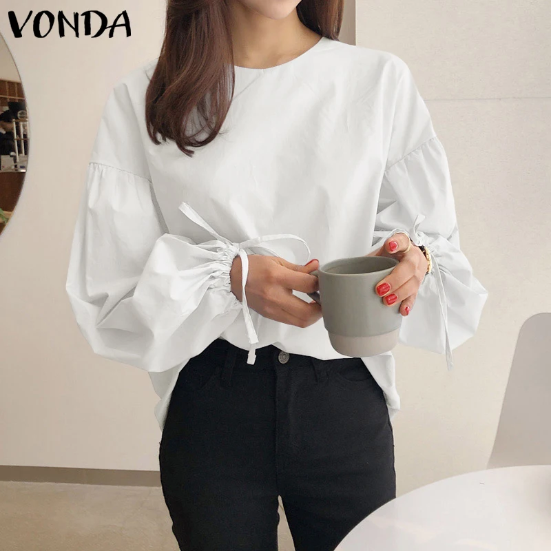 

Women'Elegant Blouse Casual Long Lantern Sleeve Solid Tops 2021 VONDA Female Tunic OL Ladeis Office Blouses And Tops Femme Blusa
