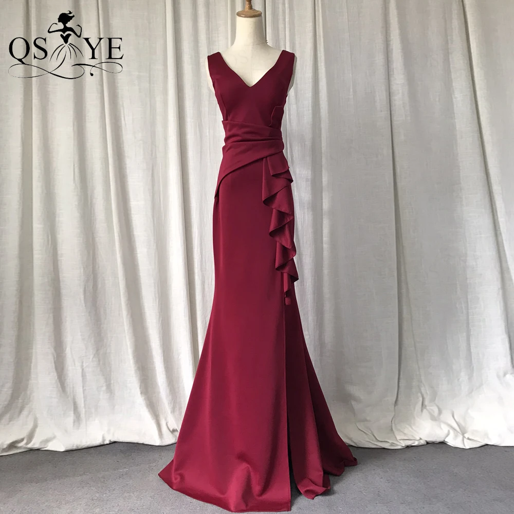 

Wine Red Long Prom Dresses Ruffles V Neck Evening Dress Stretch Formal Party Gown Split Bridesmaid Dress Ruched Prom Gown