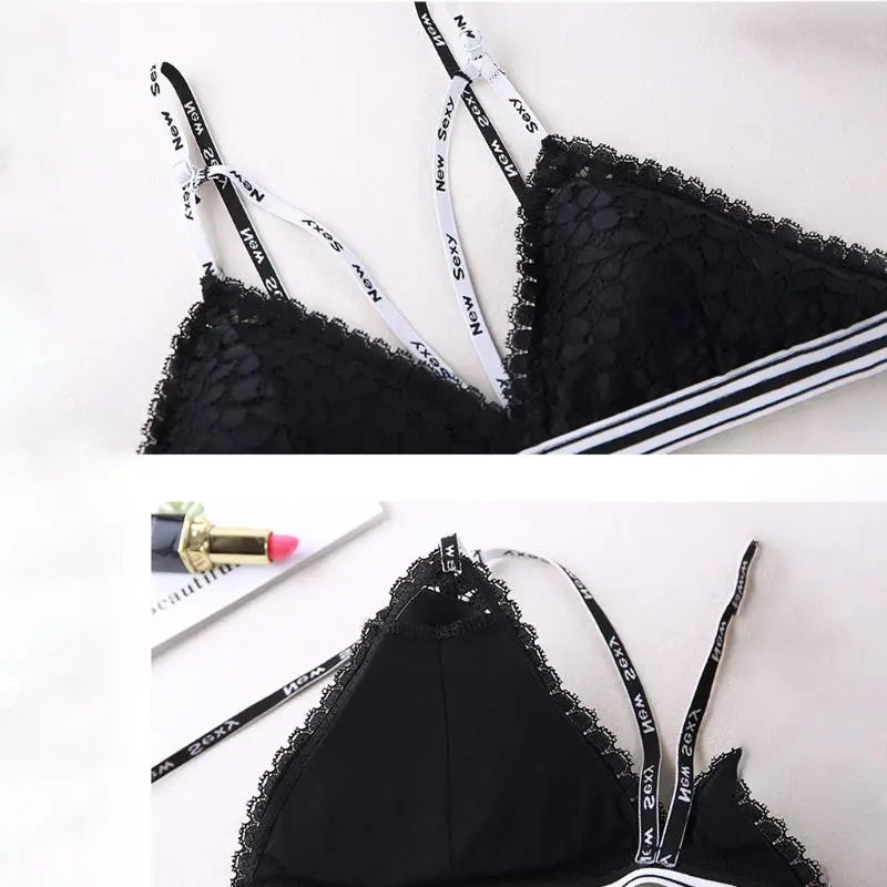 Women Teenage Girl Floral Lace Bra Spaghetti Letters Straps Cross Bandage Crop Top Wireless Removable Padded Striped Band