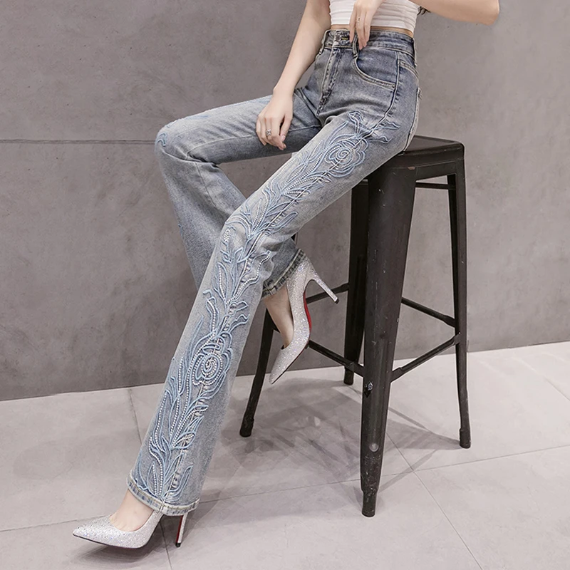

New Original Design Vintage Jeans Women Korean Fashion High Waist Flare Pants Embroidered Pattern Stretch Trousers Femme