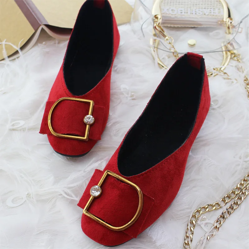 Flat Shoe Female 2021 Autumn Winter New Style Female Shoe Recreational Nise Buckle Square Head Adds Velvet Female Single Shoe