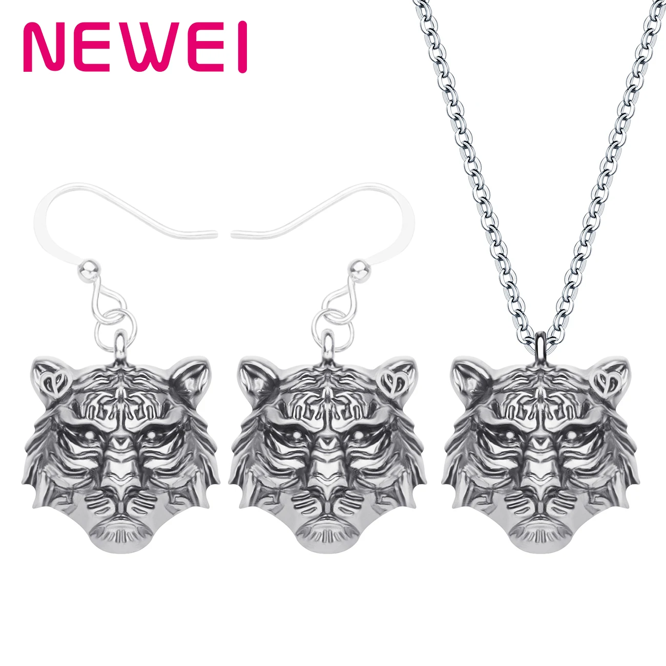 

Newei Alloy Plated Antique Gold Tiger Head Jewelry Sets Long Cute Metal Animal Earrings Necklace Jewelry Women Kids Novelty Gift