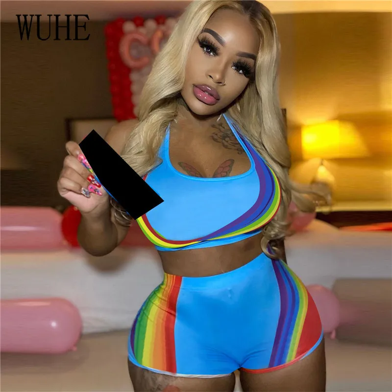 

KEXU Rainbow Print Casual Two Piece Set Square Collar Sleeveless Off Shoulder Tanks Top and Skinny Short Pants Party Streetwear