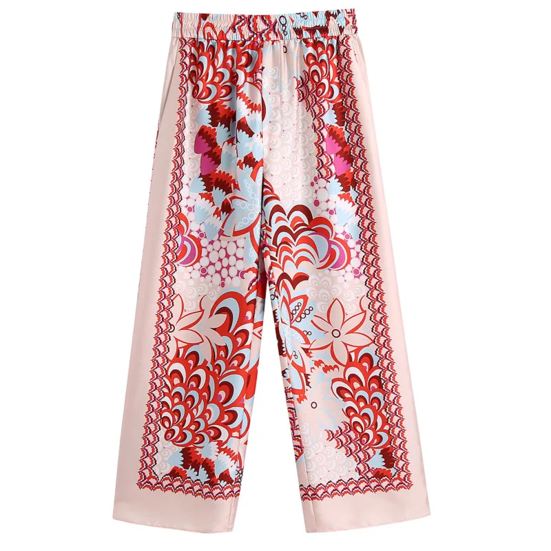 

Vintage 2021 Summer New Women Fashion Floral Print Elastic Waist Straight Pants Casual Trousers