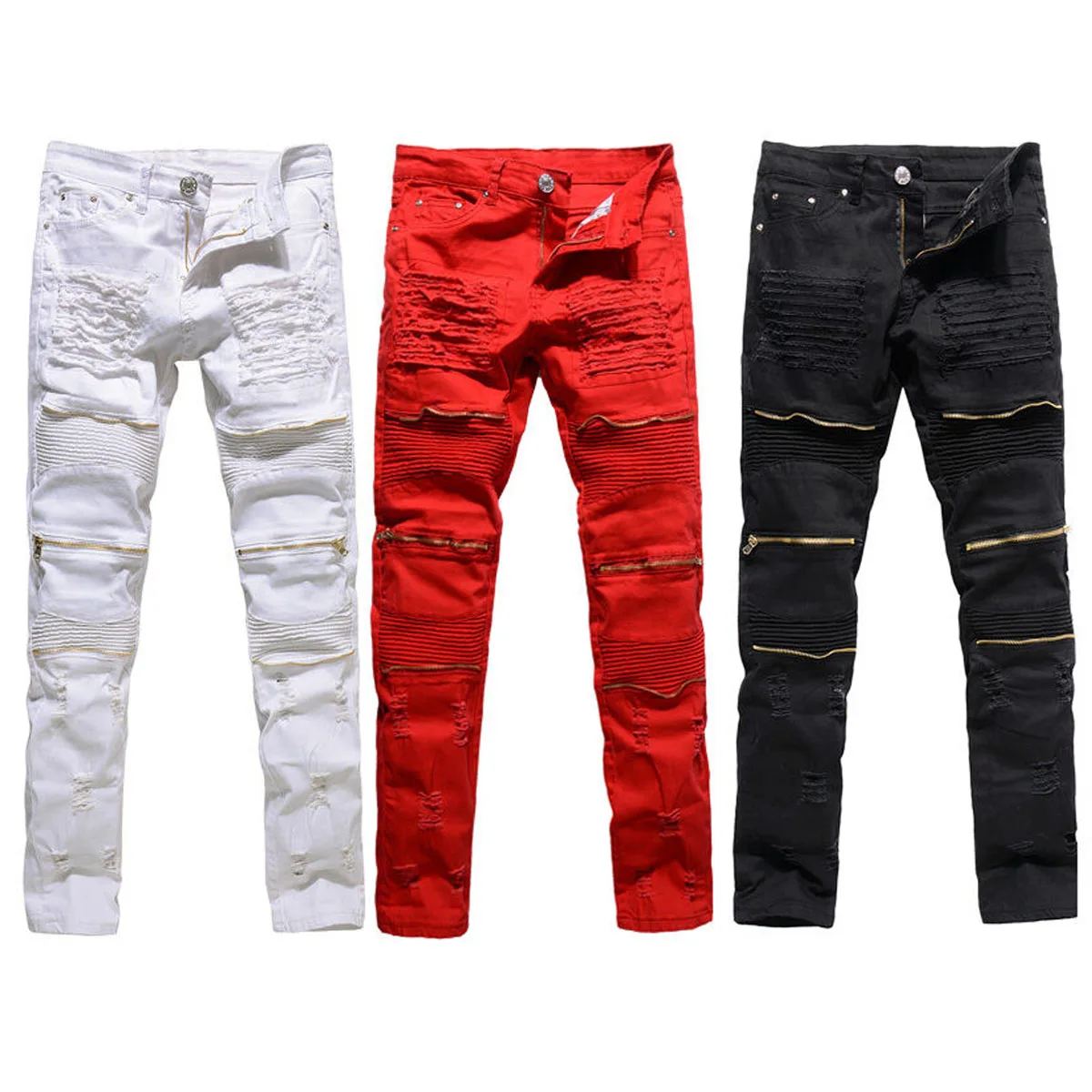 

Men Skinny Black White Red Jeans Stretch Denim Ripped Pants Distressed Ripped Freyed Slim Fit Jeans Destroyed Ripped Jeans