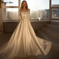magic awn elegant satin shiny wedding dresses with full sleeve illusion boho a line simple bridal gowns vestidos de novia