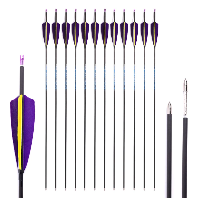 ID 4.2mm Pure Carbon Turkey Real Feather Arrow  Spine 300 350 400 500 600 700 800 900 1000 Archery For Bows Shooting