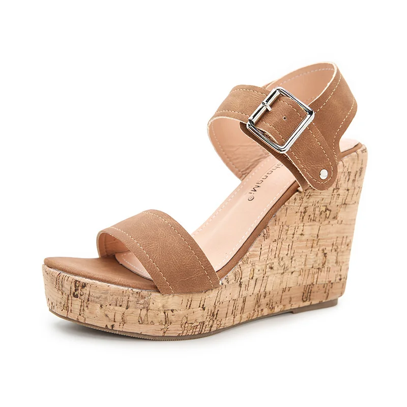 

2021 summer new size women's shoes buckle heel thick bottom heel High-heeled shoes women's large muffin sandals women