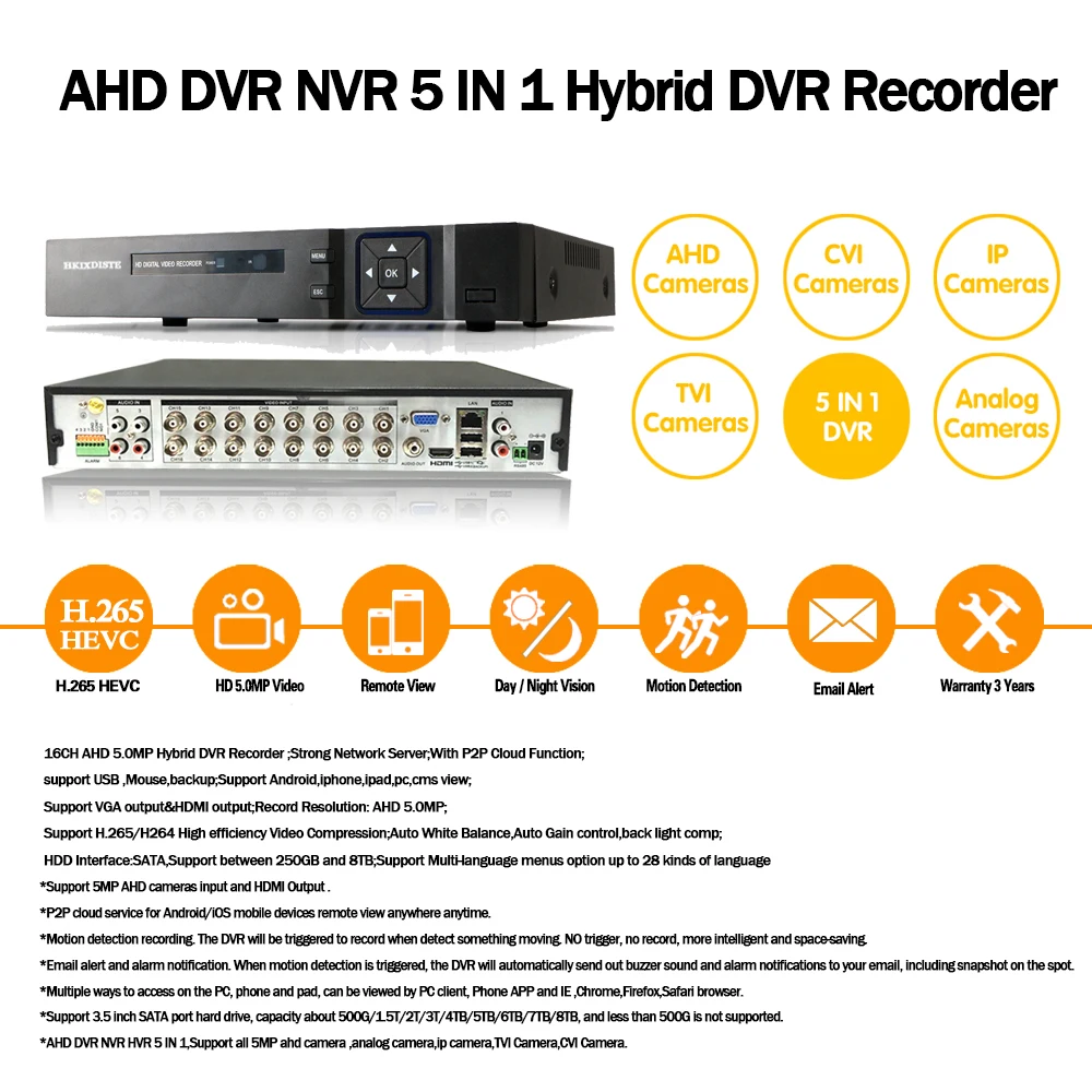 

AI Face Detection 5in1 AHD DVR 16CH CVBS TVI AHD Analog IP Cameras HD P2P Cloud H.265 VGA HDMI video recorder RS485 Audio
