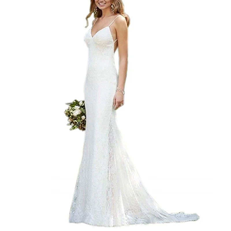 Свадебное платье на тонких бретельках сексуальное женское кружевное свадебное с