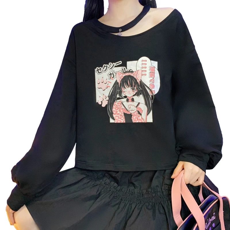 

Kawaii Anime Cat Girls Hoodie Women Cropped Harajuku Black Goth Crewneck Sweatshirt Cute Graphic Printed Long Sleeve Pullover