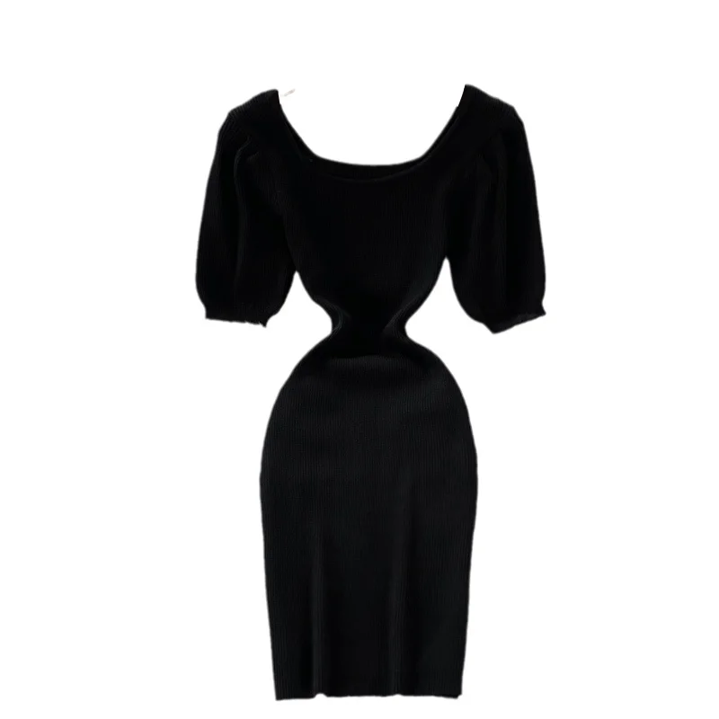 

Girls Fashion Short Sleeve Ice Fabric Knitted Short Dress Women's Bodycon U-neck Green Pink Solid Color Dresses Summer 2021 New