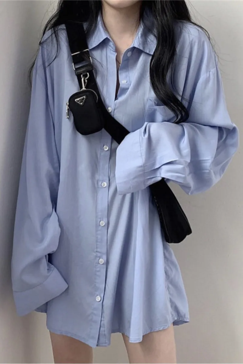 

Original feeling girl early spring 2021 new women's Korean chic sunscreen silk shirt with blue long sleeve loose shirt