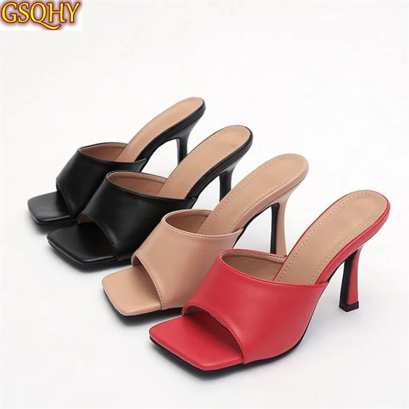 

2021 New Summer Women Sandals Square Toe Ladies Heel Mules Sexy Thin High Heels Sandals Slippers Female Fashion Woman Shoes