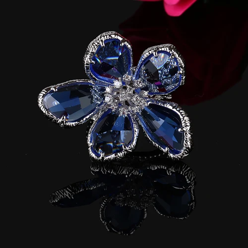 blue silver Цветочное кольцо, большие кольца для женщин, обручальное, свадебное, коктейльное, модное, серебряное, розовое золото, Anillos Cristal Austriaco anillos de plata - Цвет основного камня: blue silver