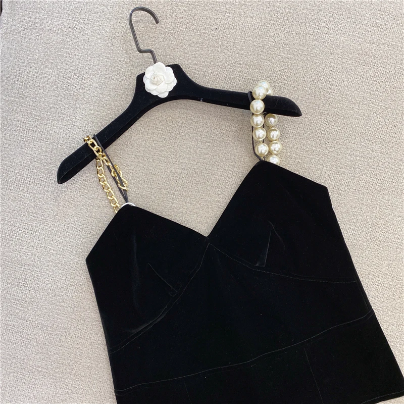 Sexy Top Women's Pearl Gold Chain Shoulder Strap Black Slimming Velvet Vest Camisole Tank Black