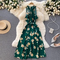 elegant robe halter floral chiffon midi dress womens sleeveless strapless lace up vintage dress ladies vestidos 9 colors
