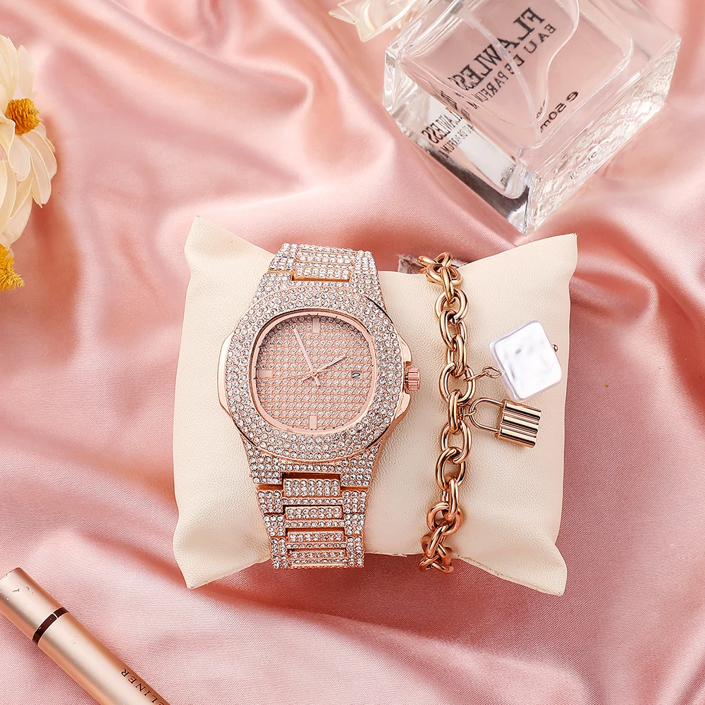 

2Pcs Women's Quartz watches Diamond Watch Band and Face with Titanium Bracelet and Conch Pendant Gift Set Free shipping
