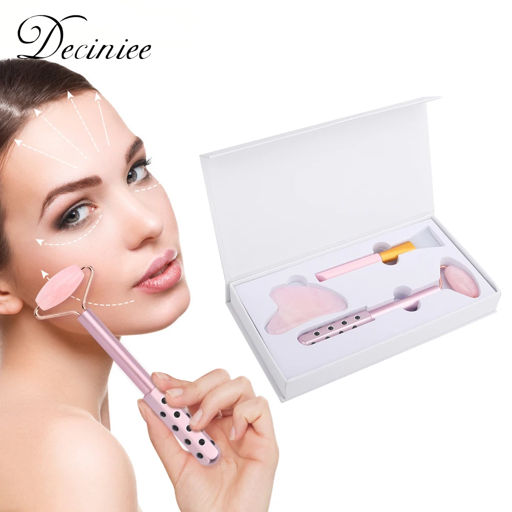 

3in1 Nature Rose Quartz Jade Germanium Ball Skin Care Roller for Face Eye Reduce Wrinkles Massager with Gua Sha Borad Mask Brush