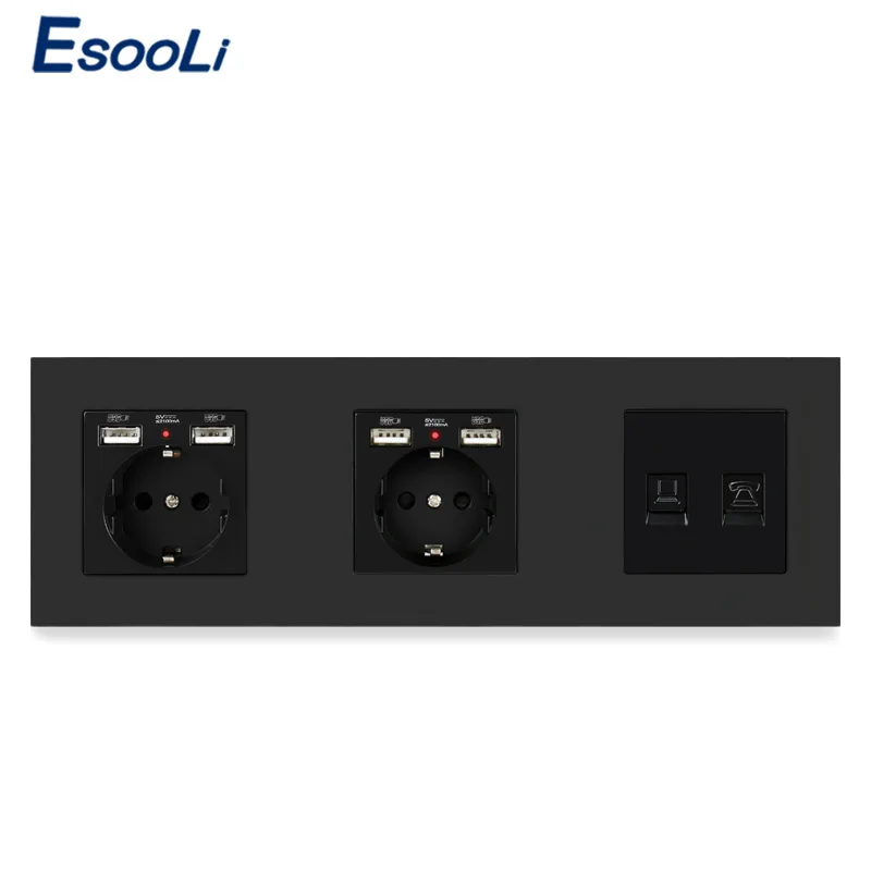 Пластиковая панель ESOOLI двойная розетка европейского стандарта + 4 USB порта для