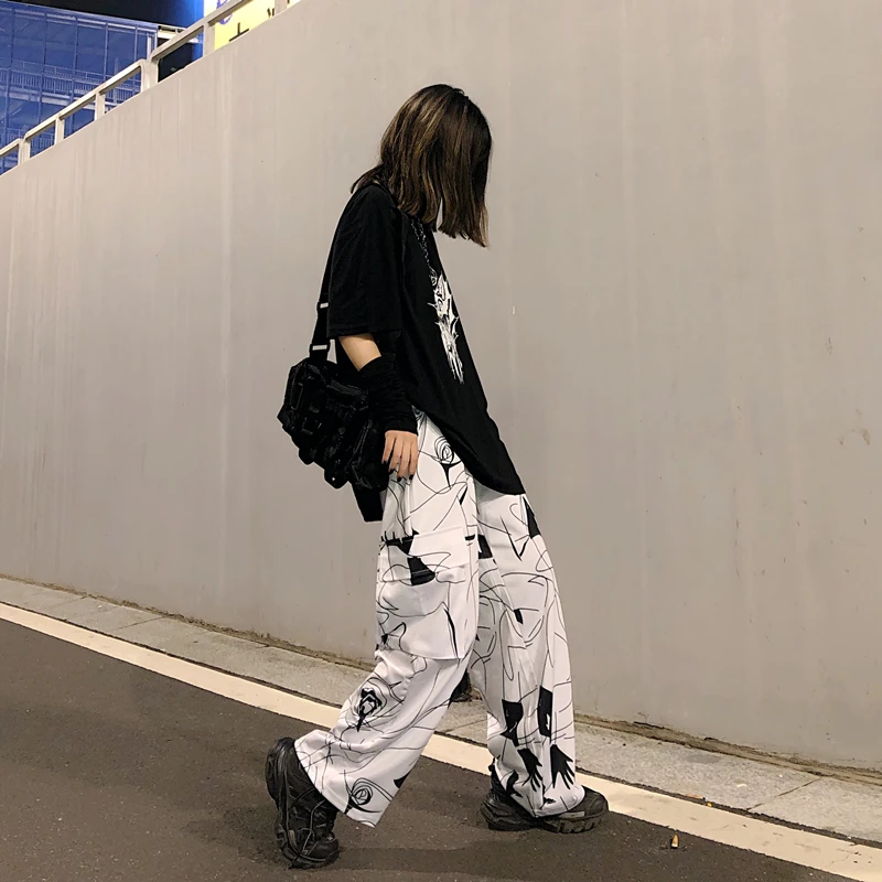 Lychee Harajuku Эластичный пояс хит цвет женские брюки большой карман летние женские брюки свободные прямые широкие женские брюки