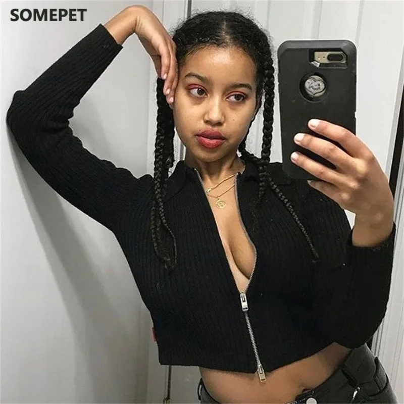 

Zip Up Streetwear Cropped Knitted Sweaters Sequin Long Sleeve Front Zipper Black Harajuku Tops Cardigan Winter Clothes 2020