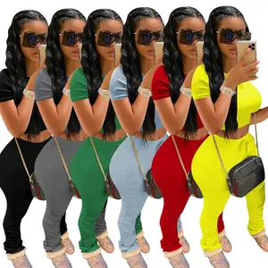 Женский спортивный костюм из двух предметов, облегающие леггинсы, укороченный топ и расклешенные брюки, джоггеры