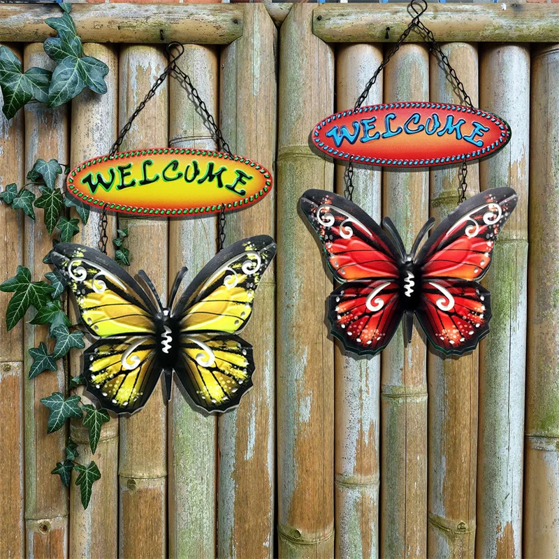 

Metal Butterfly Welcome Sign Hanging Ornament Painted Butterfly Wall Art Decor for Home Garden Courtyard KI