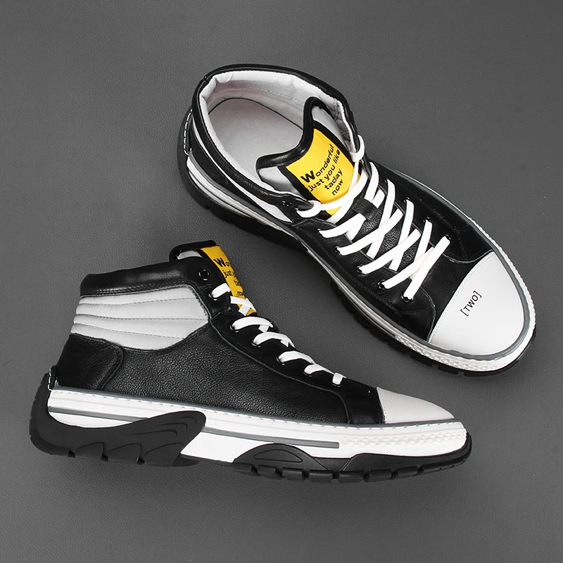 Кроссовки мужские из натуральной кожи высокие с перекрестной шнуровкой круглый