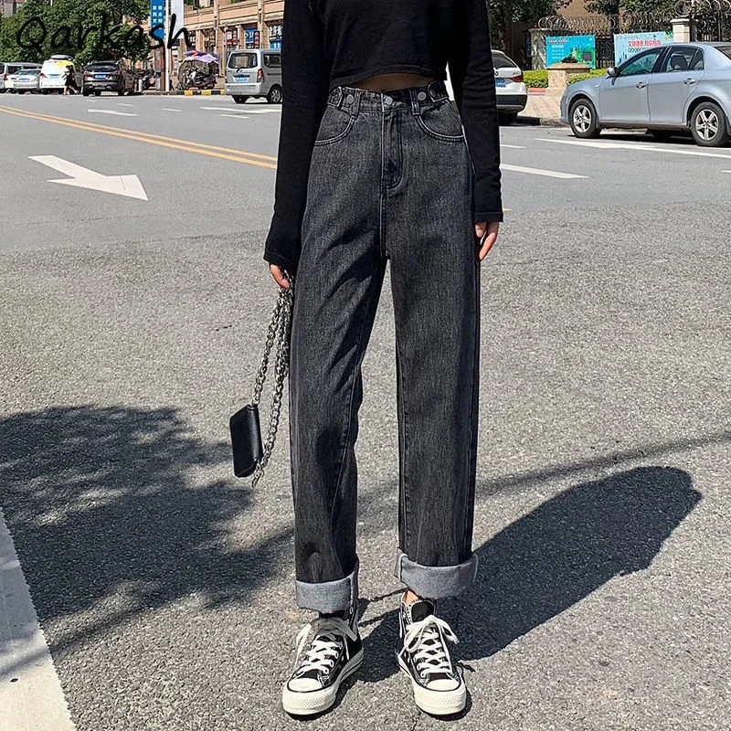

Jeans Women High Waist Harajuku Solid Denim Minimalist Baggy Straight Trouser Fit Chic Spring Fall Mopping Ulzzang All-match Ins