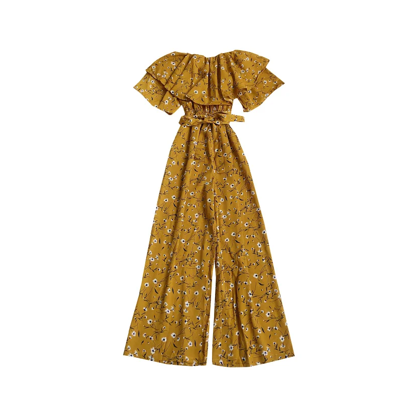 

2021 Summer New Sexy All-match One-way Neck Daisy Print High Waist Thin Loose Wide-leg Jumpsuit Women