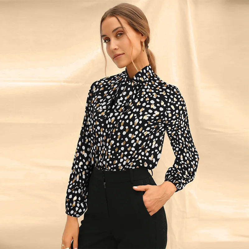 

Fashion Printed Shirt Women's 2021 Autumn and Winter Long-sleeved Tie-lead Personality Professional Chiffon Top